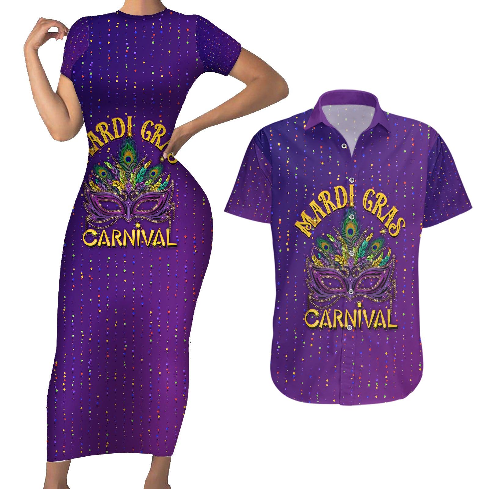 Mardi Gras Festive Confetti Couples Matching Short Sleeve Bodycon Dress and Hawaiian Shirt LT7 - Wonder Print Shop