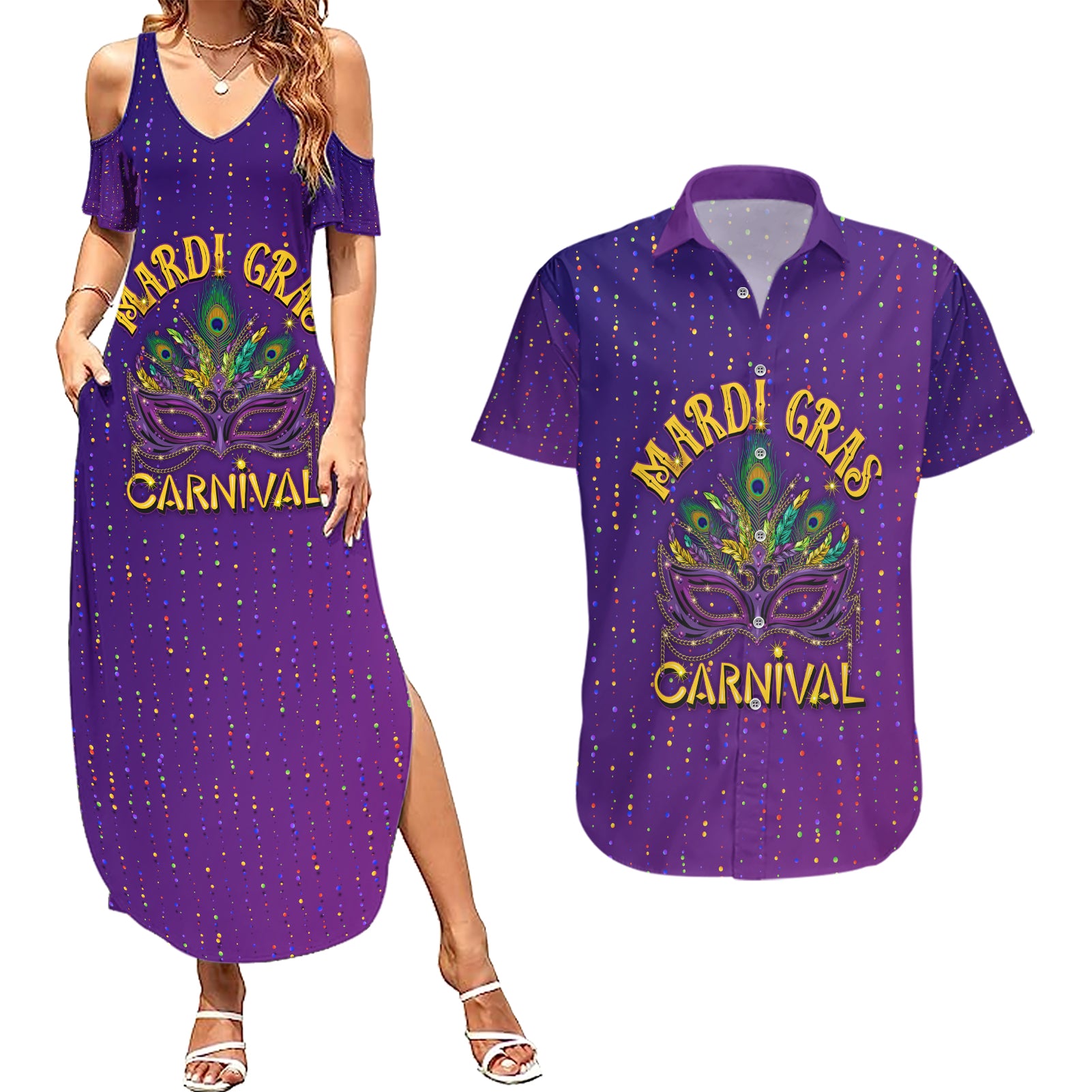 Mardi Gras Festive Confetti Couples Matching Summer Maxi Dress and Hawaiian Shirt LT7 - Wonder Print Shop