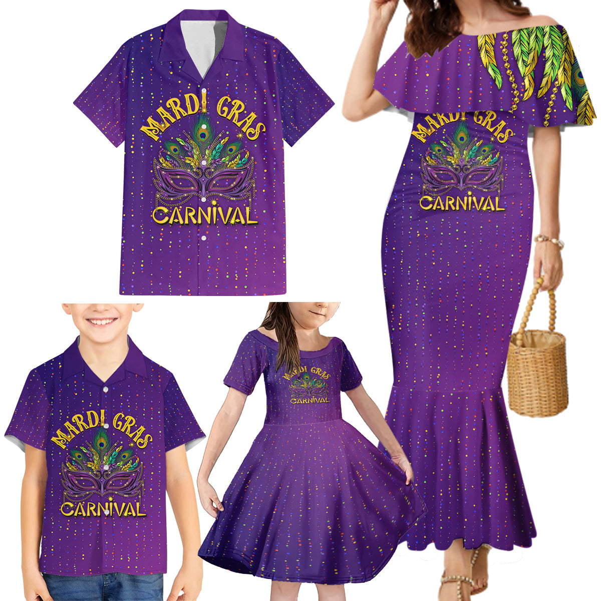 Mardi Gras Festive Confetti Family Matching Mermaid Dress and Hawaiian Shirt LT7 - Wonder Print Shop