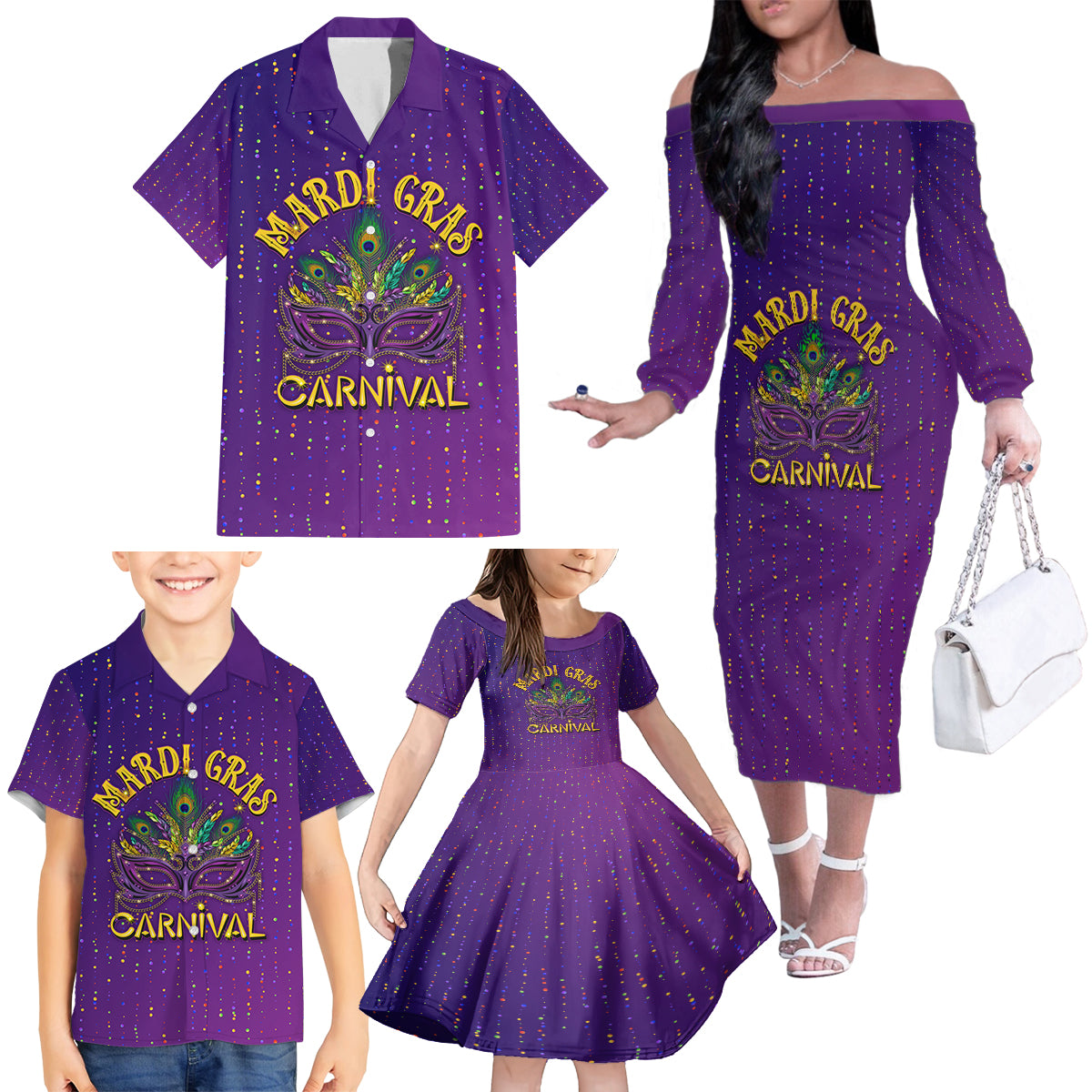 Mardi Gras Festive Confetti Family Matching Off Shoulder Long Sleeve Dress and Hawaiian Shirt - Wonder Print Shop