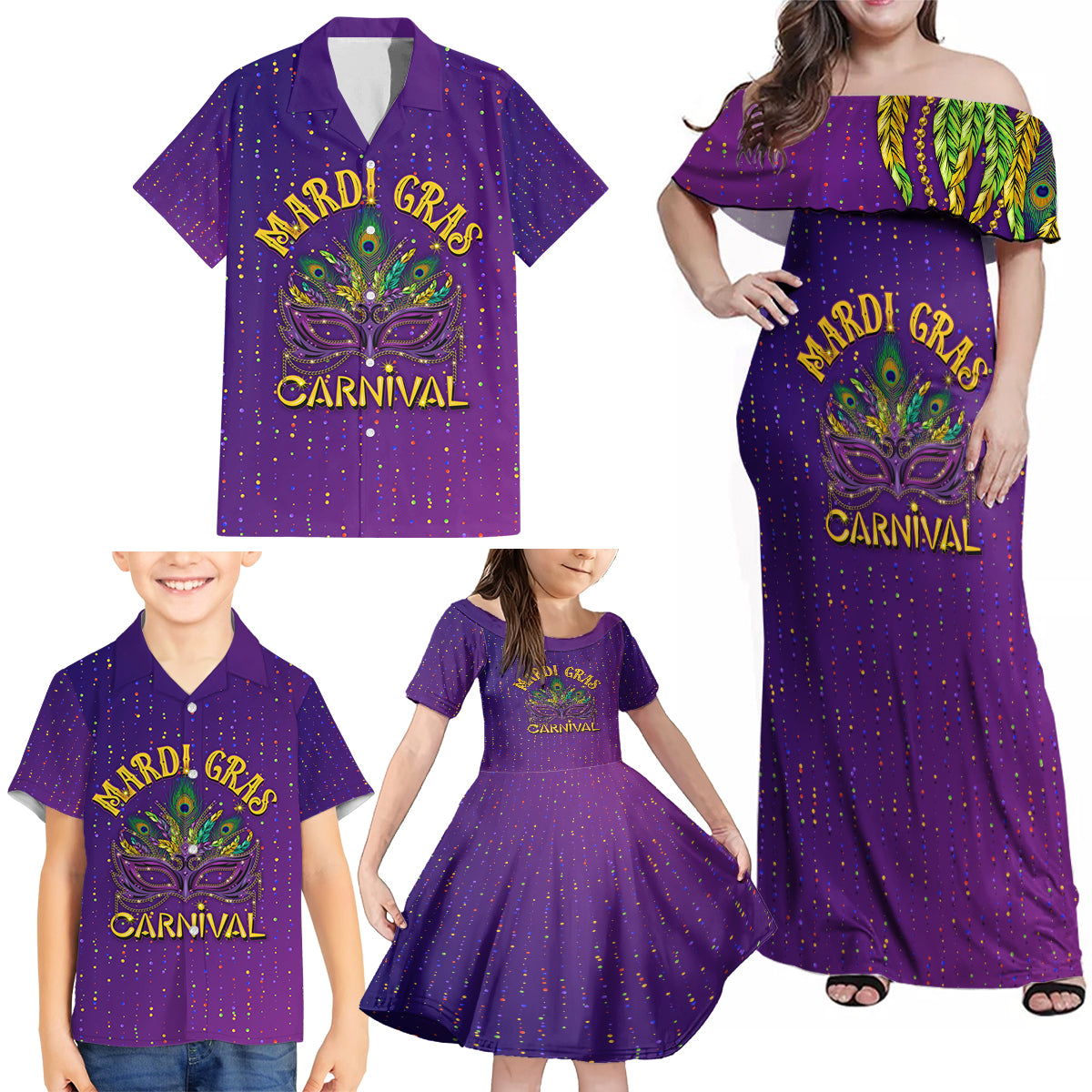 Mardi Gras Festive Confetti Family Matching Off Shoulder Maxi Dress and Hawaiian Shirt LT7 - Wonder Print Shop