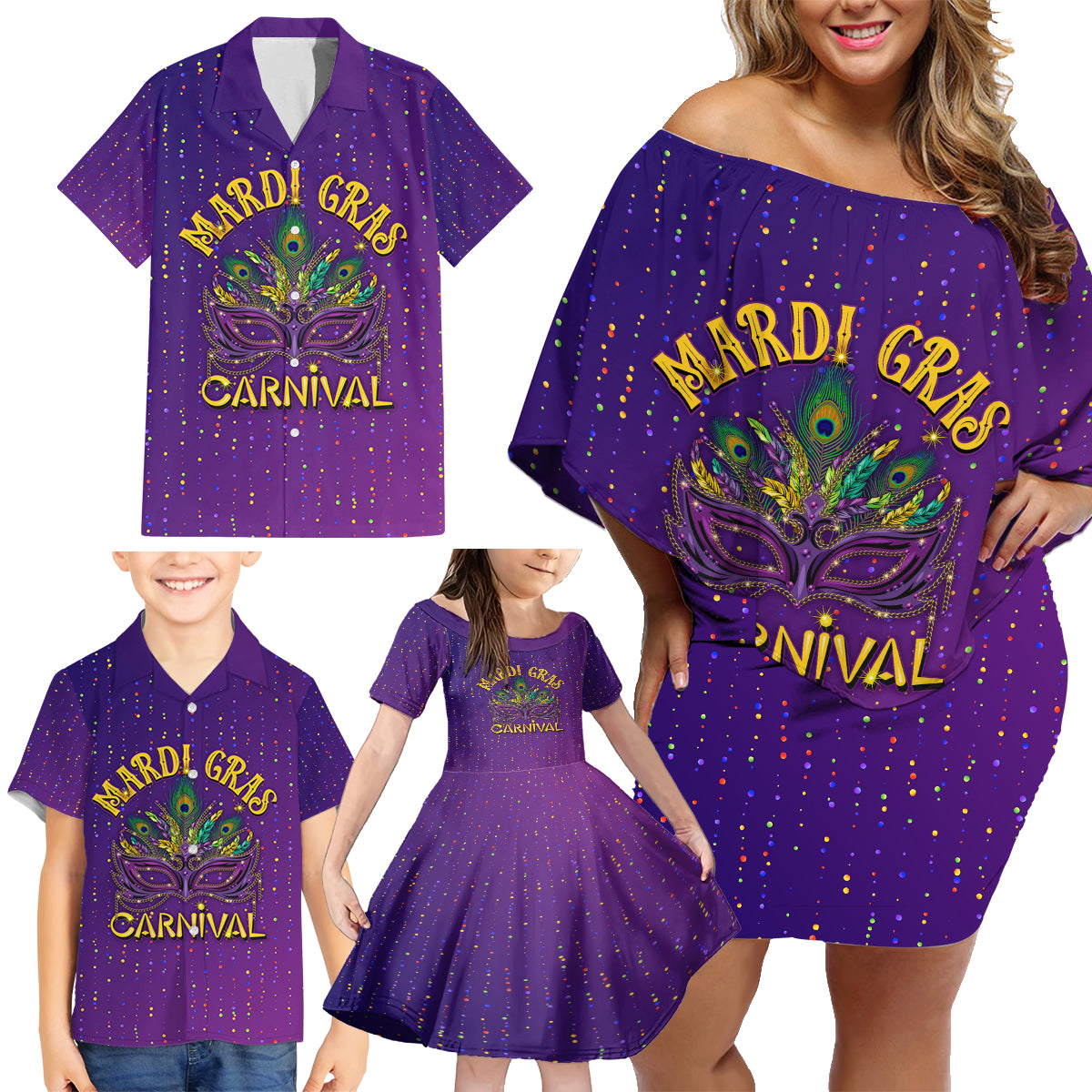 Mardi Gras Festive Confetti Family Matching Off Shoulder Short Dress and Hawaiian Shirt LT7 - Wonder Print Shop