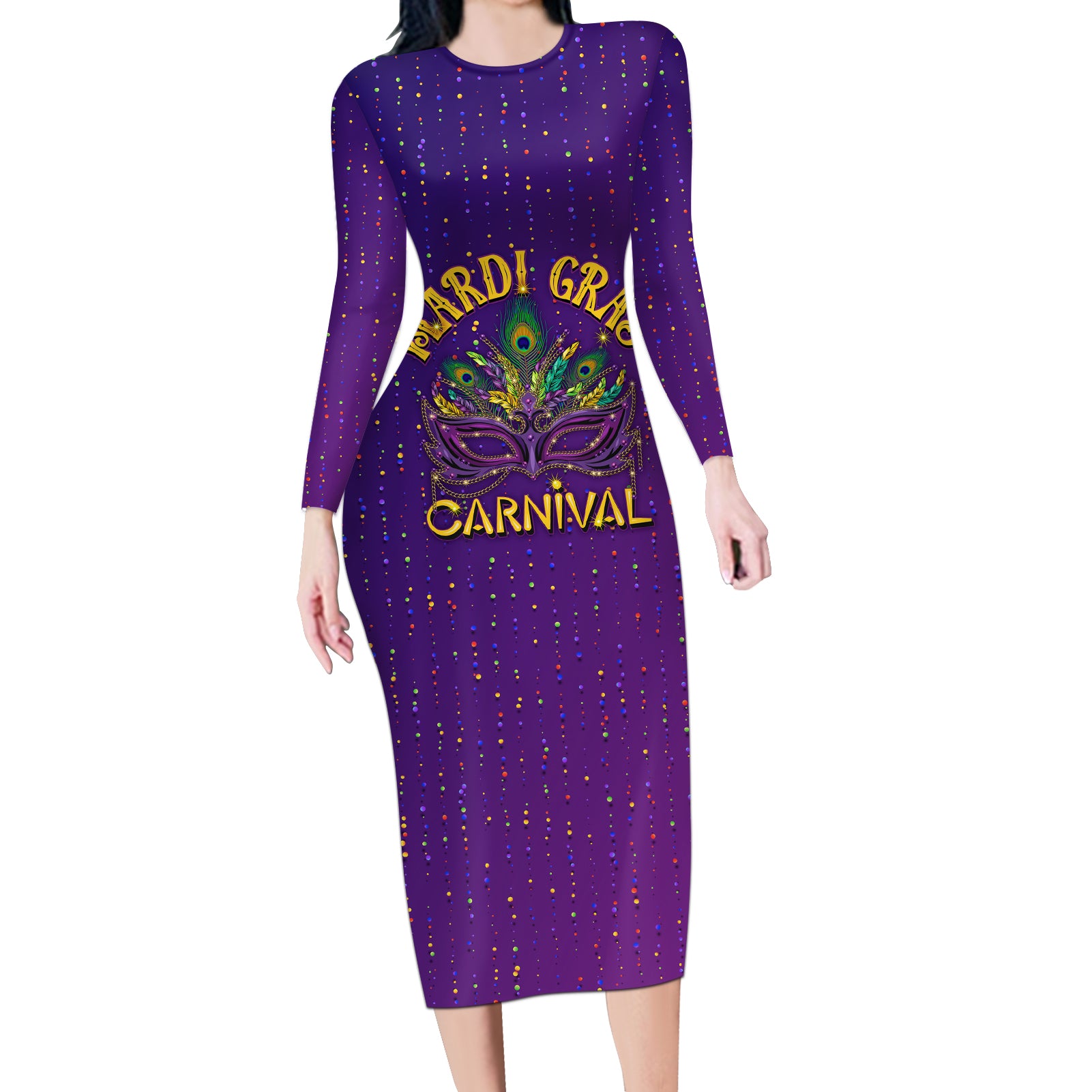 Mardi Gras Festive Confetti Long Sleeve Bodycon Dress - Wonder Print Shop