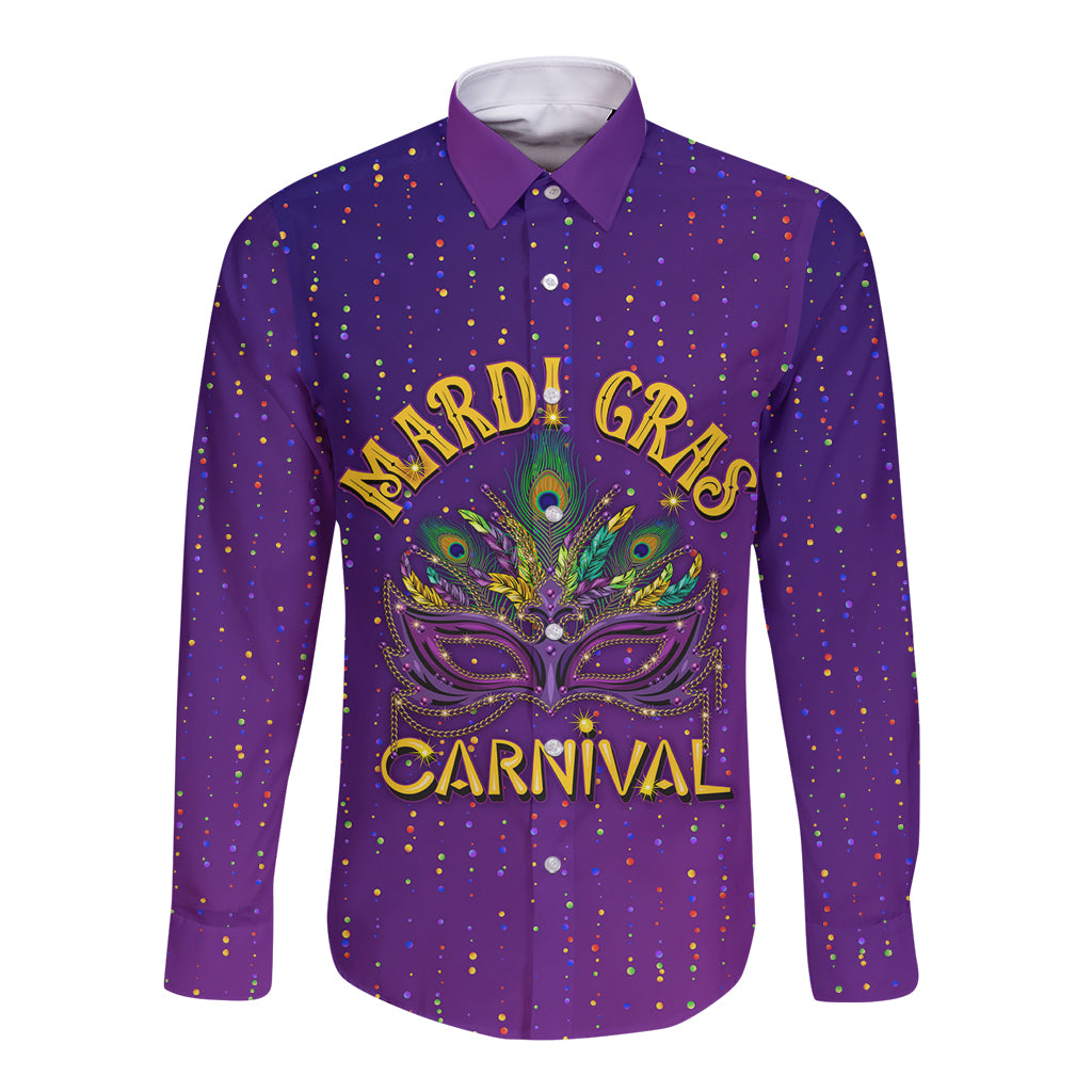 Purple long-sleeve button shirt with colorful confetti dots and Mardi Gras graphic front