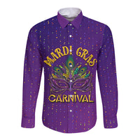 Purple long-sleeve button shirt with colorful confetti dots and Mardi Gras graphic front