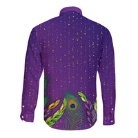 Purple long-sleeve button shirt with confetti dots and peacock feather graphic on back