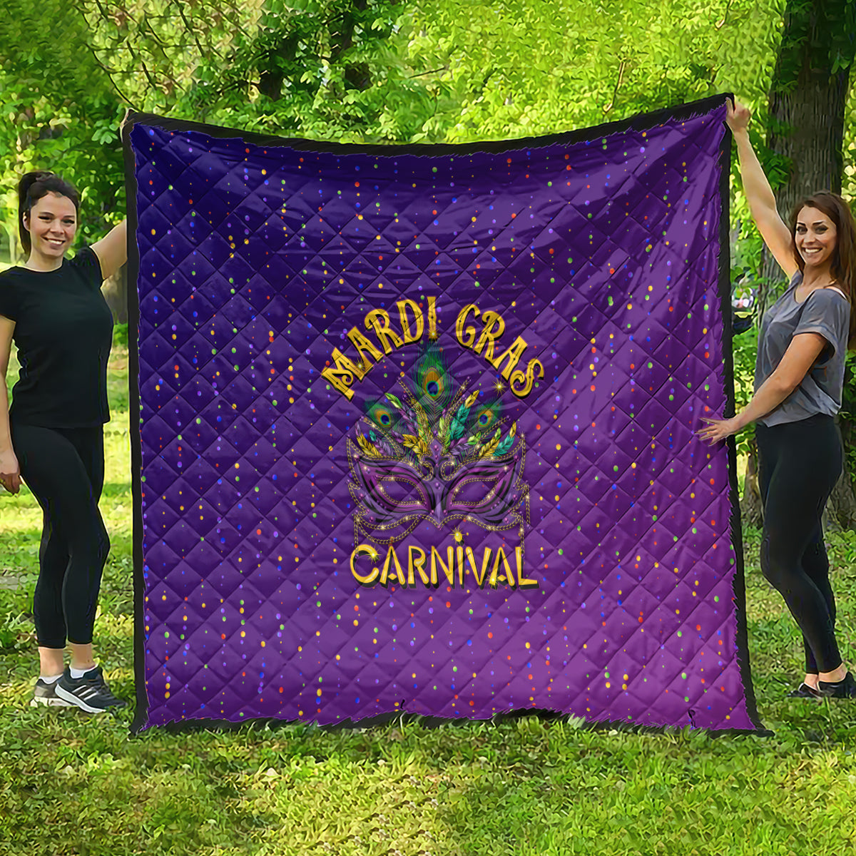 Purple Mardi Gras quilt with confetti dots and fleur-de-lis mask, “Mardi Gras” and “Carnival”