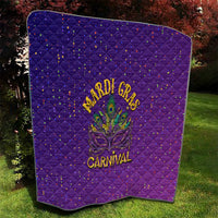Purple Mardi Gras quilt showing diamond pattern, confetti speckles, fleur-de-lis art, “Carnival”