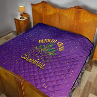 Purple Mardi Gras quilt on bed with diamond stitching, confetti dots, fleur-de-lis and “Carnival”