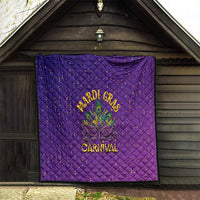 Purple Mardi Gras quilt hanging on wall with diamond stitching, confetti dots, fleur-de-lis text