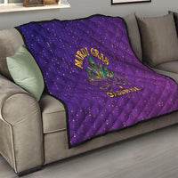 Purple Mardi Gras quilt draped on sofa with diamond stitching, confetti dots, fleur-de-lis “Carnival”