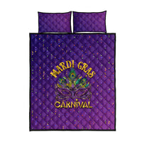Purple quilt bed set with Mardi Gras carnival design and confetti dot pattern, two pillowcases