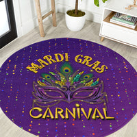 Purple round carnival carpet with 'MARDI GRAS' text, peacock mask and confetti dots