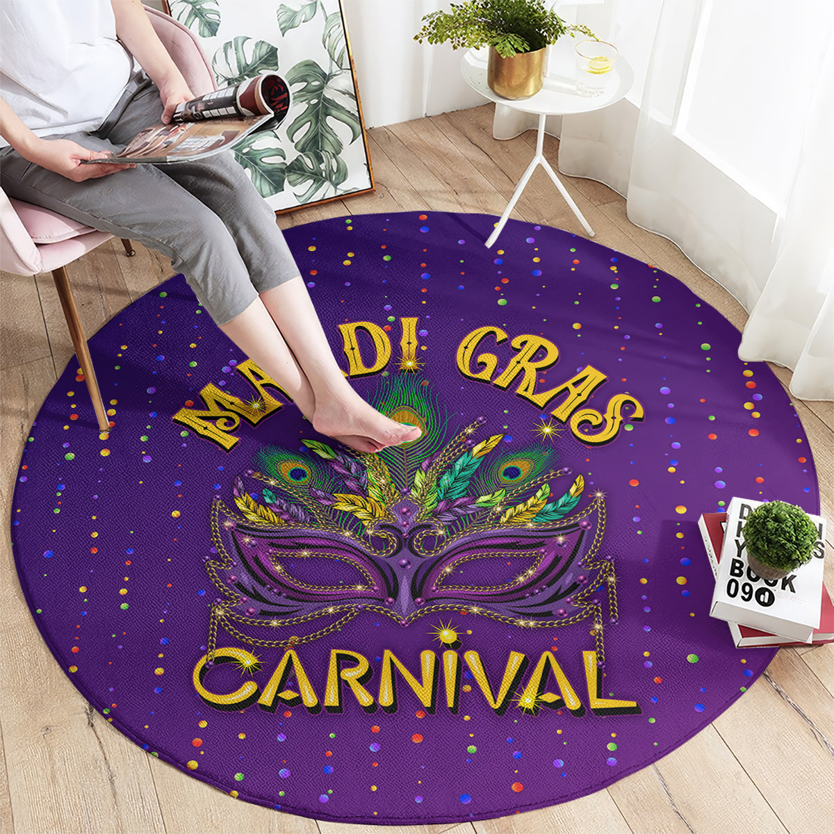Purple round carpet with carnival graphic, peacock mask, 'CARNIVAL' lettering and confetti dots