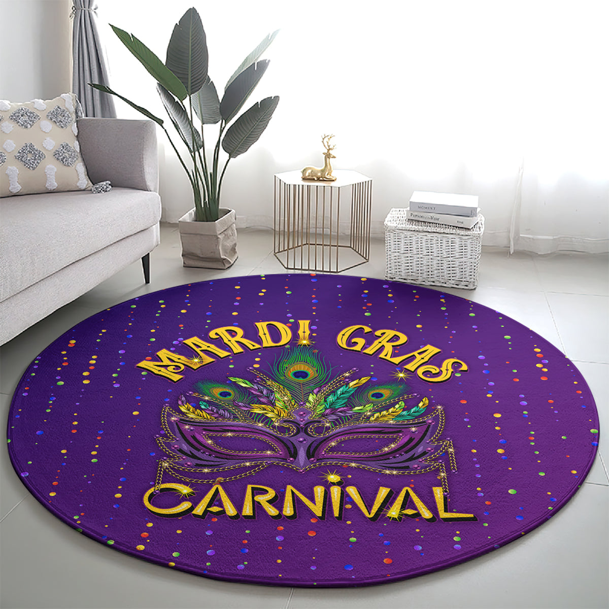 Purple round carnival carpet featuring peacock mask art, 'MARDI GRAS CARNIVAL' text, dots