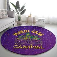 Purple round carnival carpet featuring peacock mask art, 'MARDI GRAS CARNIVAL' text, dots