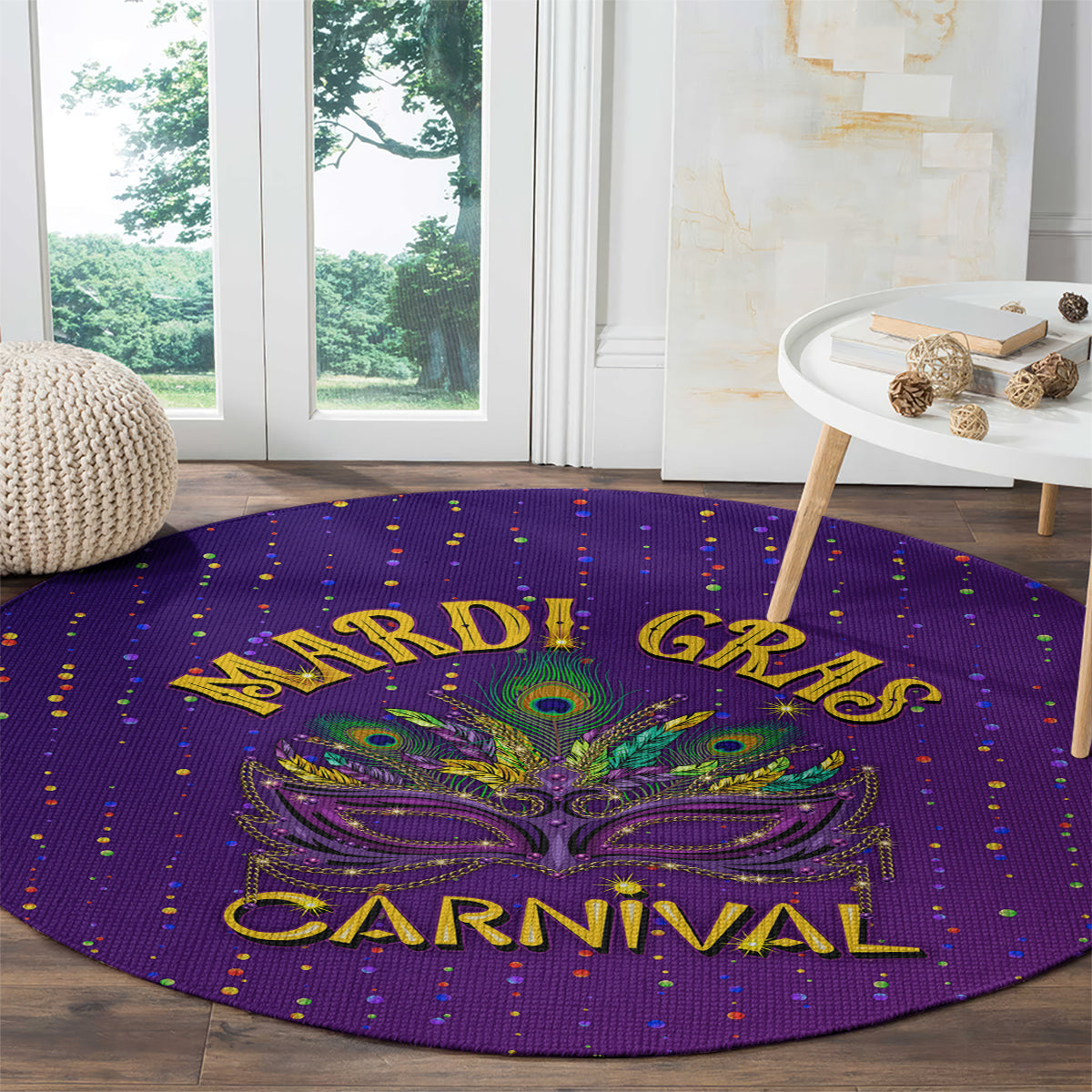 Purple round Mardi Gras carpet with 'CARNIVAL' lettering, peacock mask and confetti dots