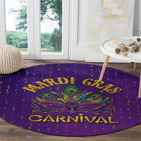 Purple round Mardi Gras carpet with 'CARNIVAL' lettering, peacock mask and confetti dots