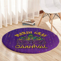 Purple round carnival carpet with peacock mask graphic, 'MARDI GRAS' text and dotted confetti
