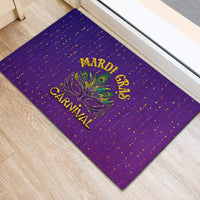 Purple rubber doormat featuring Mardi Gras Carnival mask and confetti dots, angled view