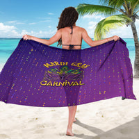 Purple sarong with confetti dots and 'MARDI GRAS CARNIVAL' peacock mask print, back view