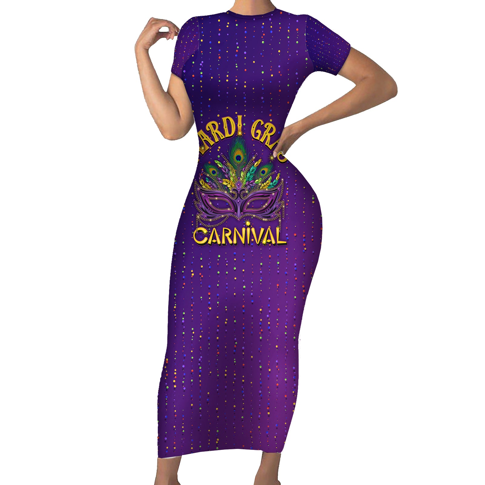 Mardi Gras Festive Confetti Short Sleeve Bodycon Dress - Wonder Print Shop