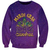 Purple unisex sweatshirt with peacock mask and Carnival graphic, confetti dots