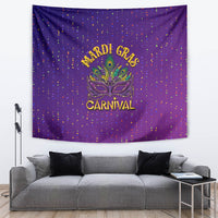 Purple Mardi Gras confetti tapestry with “MARDI GRAS” and “CARNIVAL” logo and feather mask.