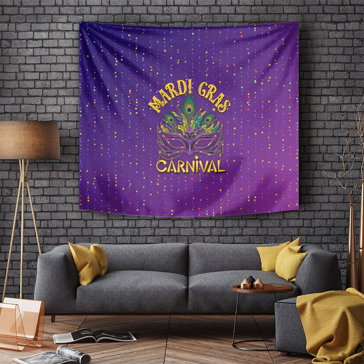 Purple wall tapestry with feather mask, “MARDI GRAS” and “CARNIVAL” lettering, confetti dots.