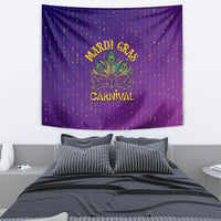 Purple tapestry showing feather mask with “MARDI GRAS” and “CARNIVAL” text over confetti pattern.