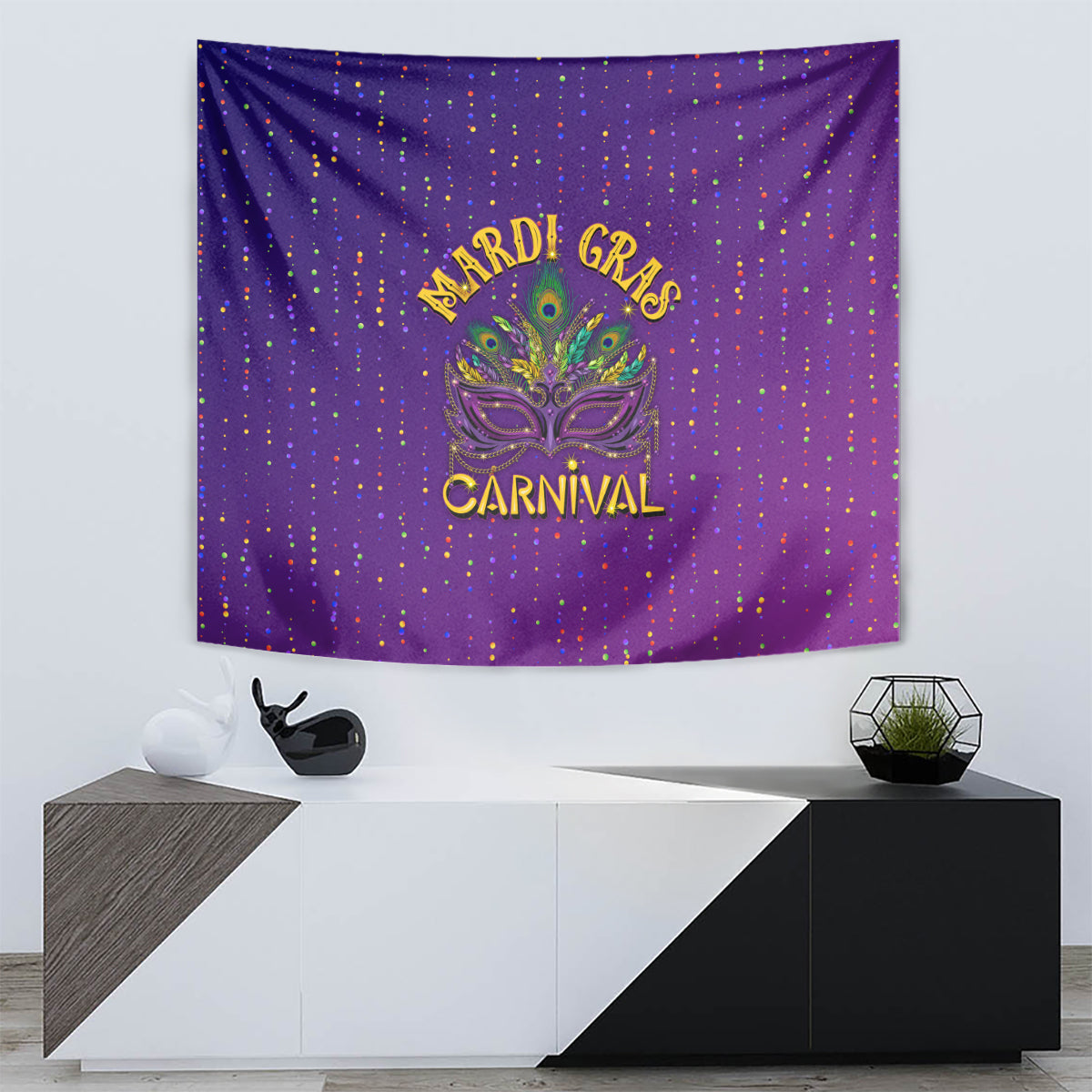 Purple Mardi Gras tapestry featuring feather mask emblem with “MARDI GRAS” and “CARNIVAL” on confetti.