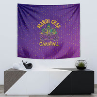 Purple Mardi Gras tapestry featuring feather mask emblem with “MARDI GRAS” and “CARNIVAL” on confetti.