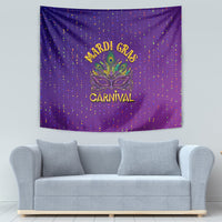 Purple Mardi Gras confetti tapestry with feather mask center and “MARDI GRAS”/“CARNIVAL” text.