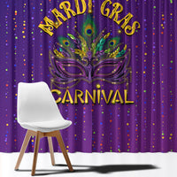Purple Mardi Gras curtain close-up with confetti dots and carnival mask and Mardi Gras text