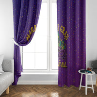 Purple Mardi Gras window curtains with confetti pattern and gold carnival mask graphic