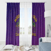 Purple Mardi Gras window curtain pair with confetti dots and gold carnival mask text print