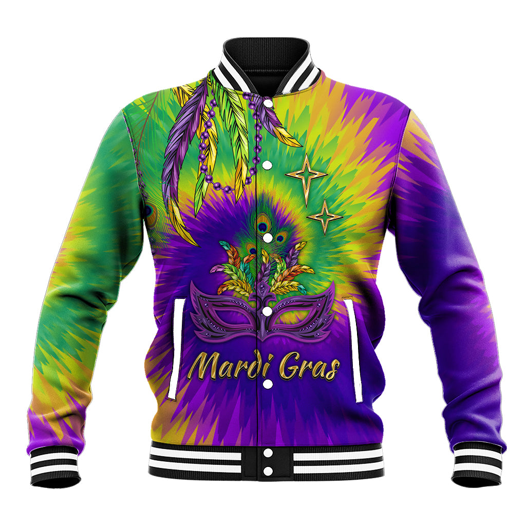 Colorful tie-dye baseball jacket, striped collar, button front, Mardi Gras mask graphic