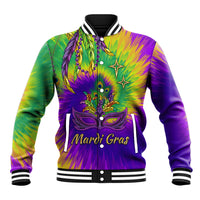 Colorful tie-dye baseball jacket, striped collar, button front, Mardi Gras mask graphic