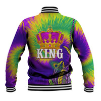 Colorful tie-dye baseball jacket back with crown and KING text, striped ribbed hem