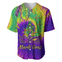 Mardi Gras baseball jersey, colorful tie-dye with masquerade mask and feathers