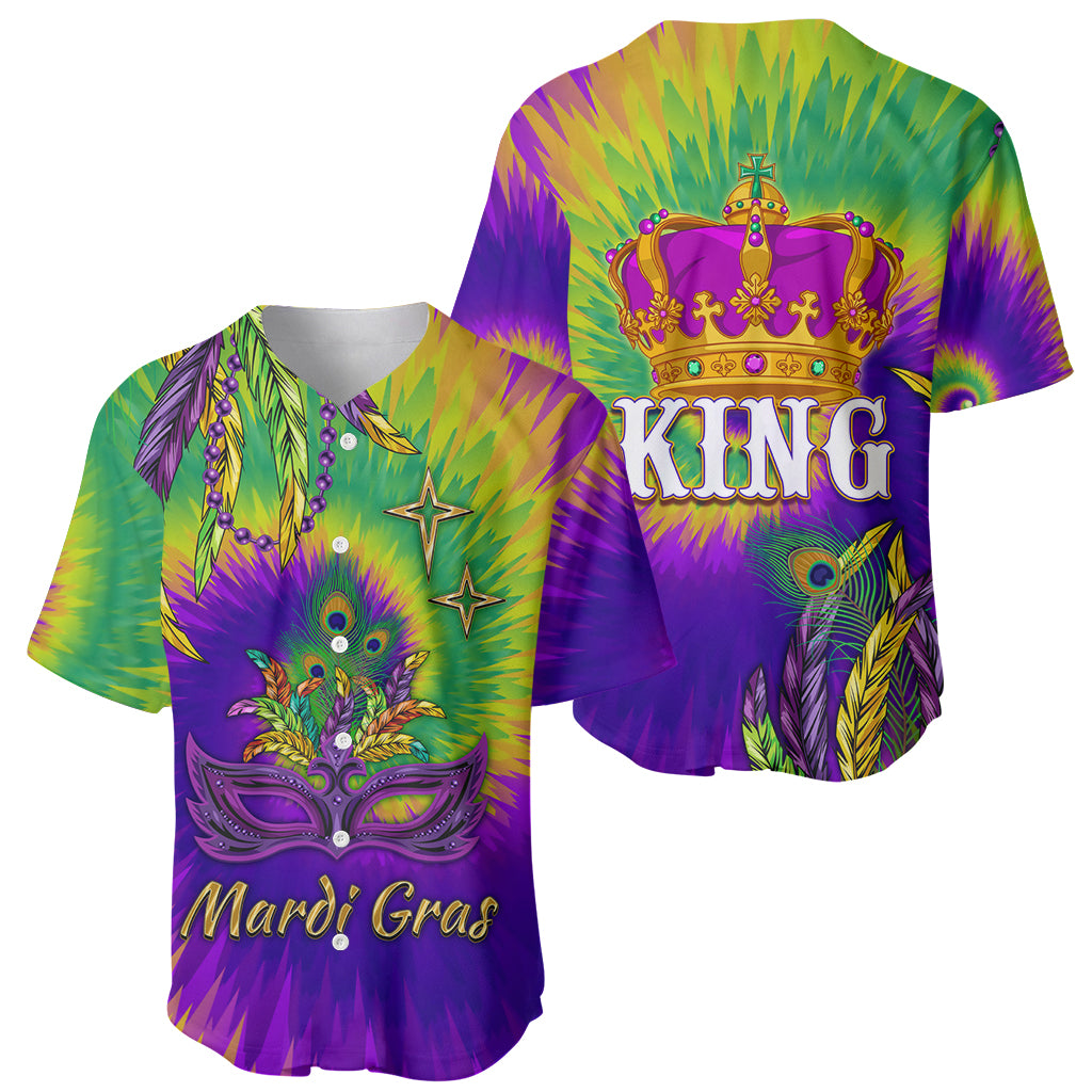 Mardi Gras baseball jersey set of two, colorful tie-dye mask and crown designs