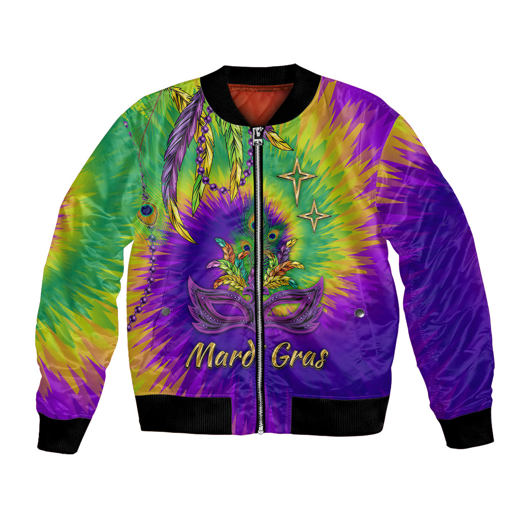 Colorful tie-dye bomber jacket with front zipper, Mardi Gras graphic, black ribbed cuffs