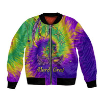 Colorful tie-dye bomber jacket with front zipper, Mardi Gras graphic, black ribbed cuffs