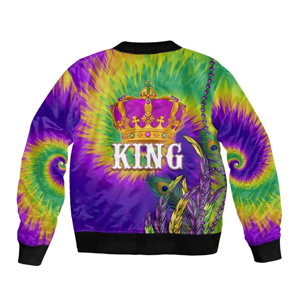 Colorful tie-dye bomber jacket with KING crown graphic, black ribbed hem and cuffs