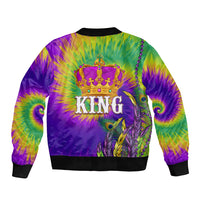 Colorful tie-dye bomber jacket with KING crown graphic, black ribbed hem and cuffs