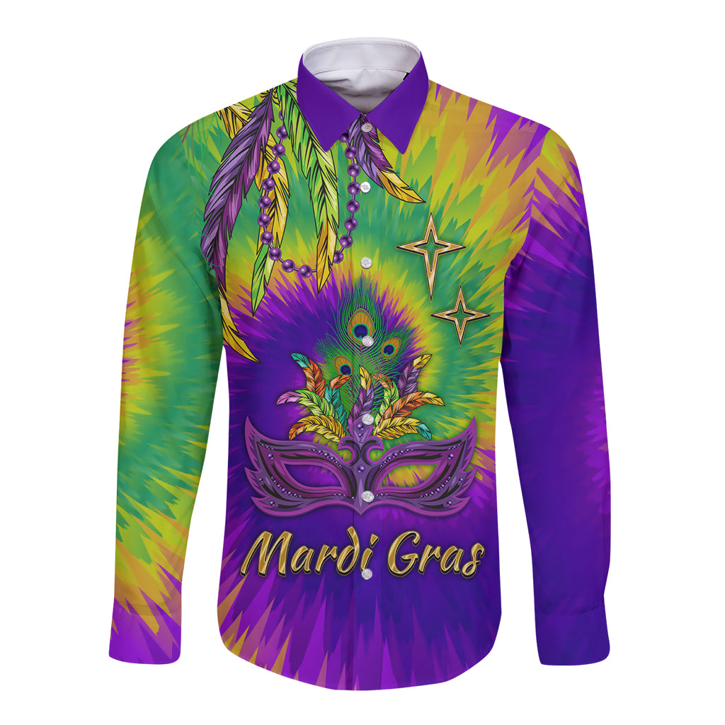 Mardi Gras long-sleeve button shirt with purple, green tie-dye and face mask graphic