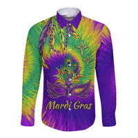 Mardi Gras long-sleeve button shirt with purple, green tie-dye and face mask graphic