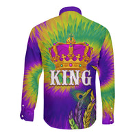 Mardi Gras long-sleeve button shirt with purple/green tie-dye, crown and KING graphic