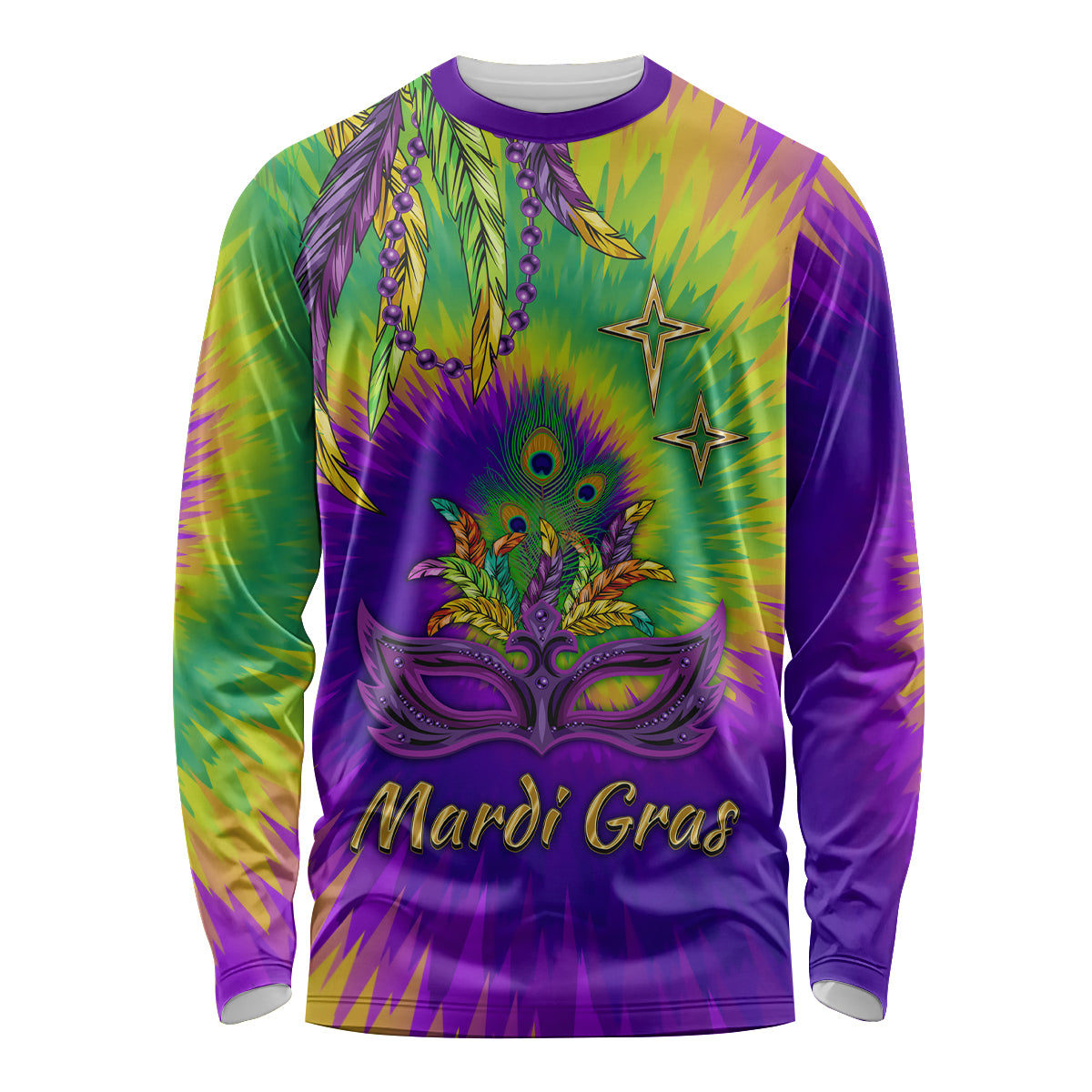 Long-sleeve Mardi Gras shirt, colorful tie-dye with feathers, mask and Mardi Gras print