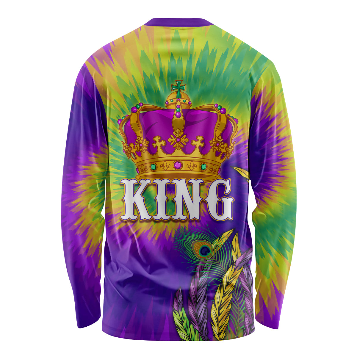 Long-sleeve Mardi Gras shirt, colorful tie-dye back with crown, King text and peacock feathers